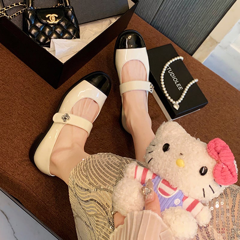 Grape Mom With Classic Chanel Style Color-Matching Round Toe French Single-Layer Shoes Shallow Mouth Shoes With Mary Jane Thick Heel - Image 3